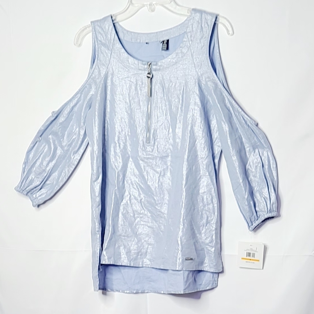 NWT Ellen Tracy foil chambray cold shoulder top Sm